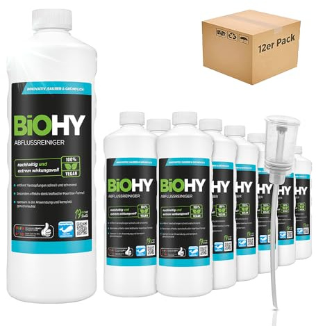 BiOHY Abflussreiniger (12 x 1 Liter) + Dosierer | mit spezieller Haarweg-Formel | Bio Konzentrat für Küche & Bad | entfernt selbst hartnäckigste Verstopfungen | ohne ätzende Dämpfe & Gerüche