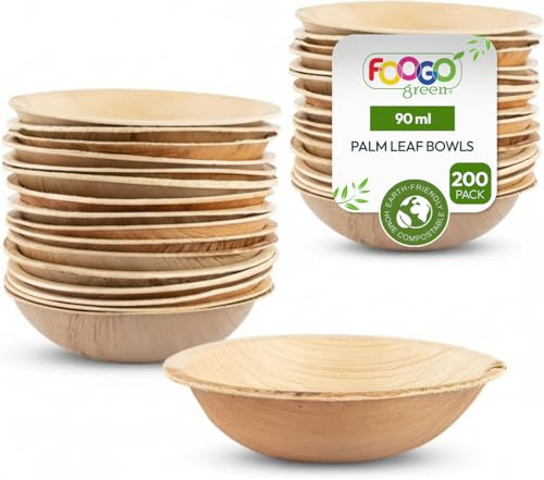 FOOGO Green 200pcs Disposable Palm Leaf Mini Bowls, 4 (10cm) Round | 90ml (3oz), Mini Ketchup Pots, Sauces & Dips, Eco Friendly Home Compostable, Like Wooden, Bamboo And Paper Bowls