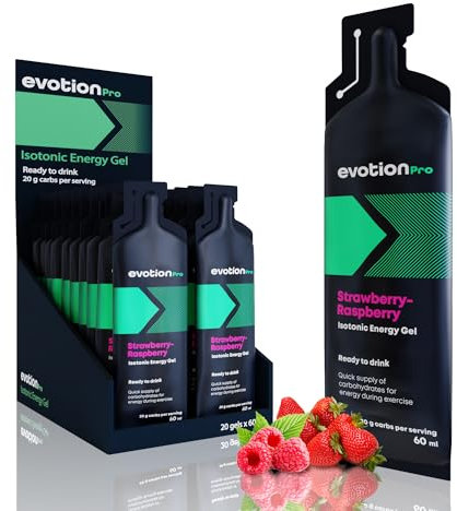 EVOTION PRO Isotonic Energy Gel (20 x 60ml) - 80 kcal 20g de carbohidratos - Geles Energéticos Ciclismo a base de maltodextrina, Ideal para Running, Ciclismo y Triatlón - Sabor Fresa-Frambuesa