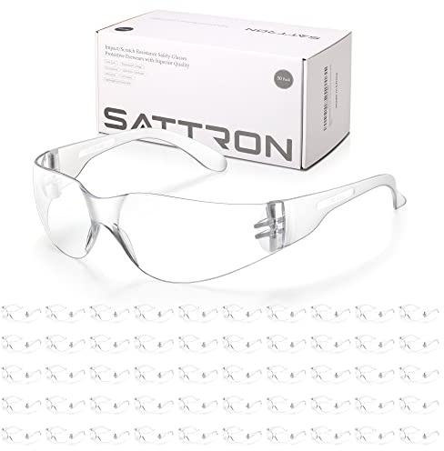 SATTRON Clear Safety Glasses Bulk of 50, ANSI Z87.1 Eye Protection for Women Men, Scratch & Impact Resistant Protective Glasses, Ideal for Lab, Construction, Shooting