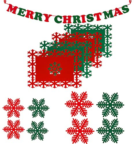 weigav 12 Pezzi di Tovaglia in Teltro di Natale, 4 stuoie da Pranzo, 8 Sottobicchieri Rossi in Fiocco di Neve, Pendente Lettera di Natale per Tavolo/Finestre di Natale