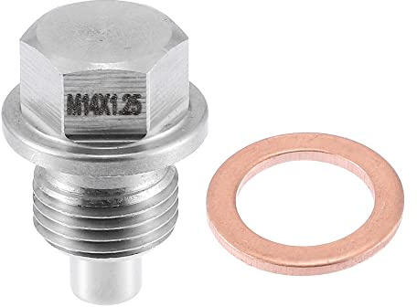 A ABSOPRO Magnetische Ölablassschraube 1Pc Für Motorölwanne Edelstahl | Silber, M14x1.25, Länge 28mm, Inkl. Kupfer Dichtring, Geeignet Für Toyota Und Andere Autos