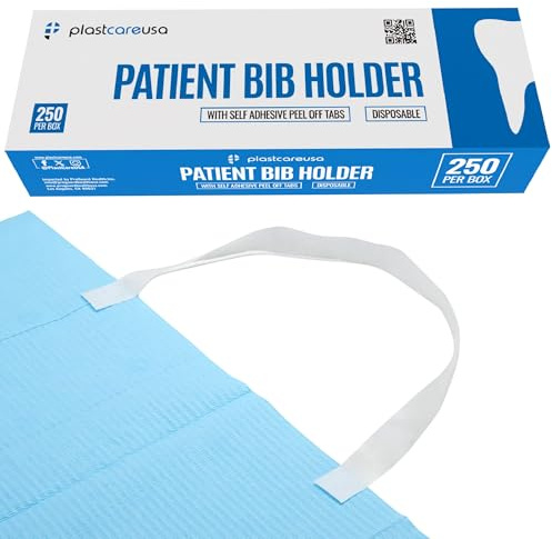 250 Disposable Bib Holders - Light Flexible Neck Holder Straps for Dental Bib, Drapes, Covers - Paper Napkin Holder with Easy-to-Peel Self-Adhesive Ends - Adjustable Size, White