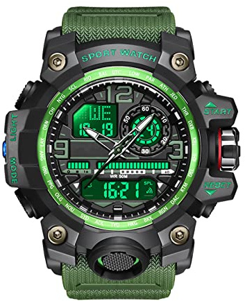 Forrader Orologio sportivo da uomo, impermeabile, militare, digitale, elettronico, tattico, multifunzione, con doppia sveglia, data, cronometro, nero/verde., Cinturino