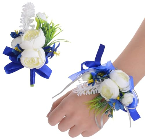 URROMA Handgelenk Corsage und Boutonniere Set, 1 Set Kleine Weiße Rose Hand Blume Blau Band für Abschlussball Künstliche Hochzeit Handgelenk Corsage für Hochzeit Party Abschlussball