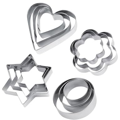 Lot de 12 emporte-pièces en acier inoxydable en forme de cœur, d'étoile, de cercle, de fleur pour pâtisserie, fondant, gâteau, pain