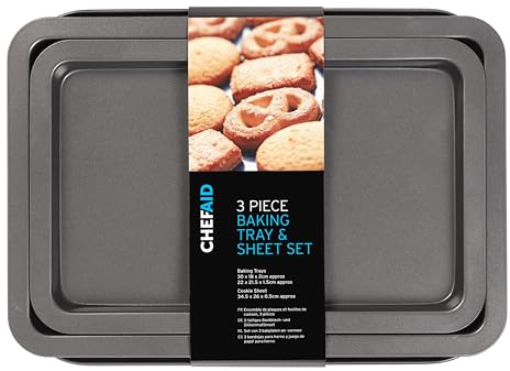 Chef Aid Carbon Steel Baking Tray and Sheet Set, Includes 3 Trays with Durable Non-Stick Coating, The Baking Trays Measure 33.5 x 22 cm and 37 x 25 cm with The Baking Sheet Measuring 35 x 22 cm