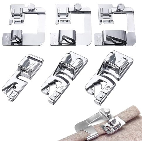 6 Stücke Nähfüsse Edelstahl, Schmaler Rollsaum Druckfuß Nähfuß Set (3/4/6 mm) Breiten Rollsaumfuß (4/8, 6/8, 8/8 Zoll) Saumfuss Presser Foot Fuß Nähmaschinenfüße für Elina Janome Toyota Brother W6