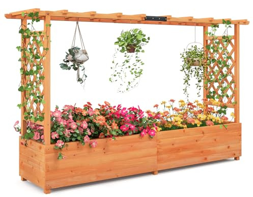 RELAX4LIFE Fioriera da Esterno con Traliccio in Legno, Aiuola Rialzata con Grigliato e Drenaggio, Porta Vasi di Fiori e Rampicanti per Giardino/Balcone/Terrazza (Arancione)