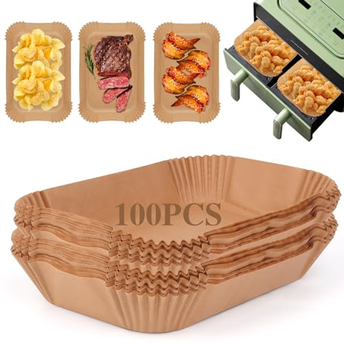 VFANDV Backpapier für Heißluftfritteuse 100 Stück 22 x 14 cm Backpapier für Heißluftfritteuse mit Doppelkammer Kompatibel mit Ninja AF300EU, AF400EU, AF400EUCP und anderen Dual Zone