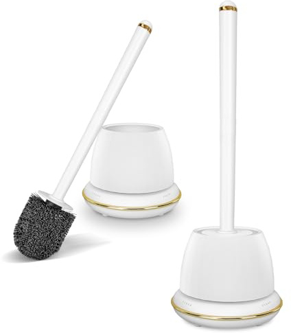 Gold Toilet Brush and Holder Set 2 Pack, Long Handle Bowl Scrubber, White | Dense Bristles, Vent Base No Leak No Odor, Grip Handle, Compact for Bathroom RV Bathtub, Stylish Gold Bathroom Accessories