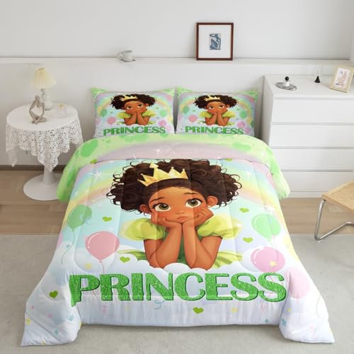 Manfei Schwarzes Prinzessinnen-Bettwäsche-Set, Doppelbettgröße, 2-teilig, grüne Herzen, Regenbogen-Ballon, Kawaii-Bettwäsche-Set, verträumtes Mädchen, Märchenmotiv, Frosch, goldene Krone,