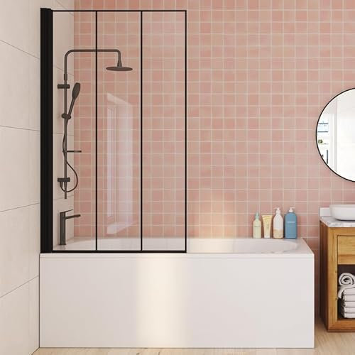 IDMarket - Badewannenabtrennung, 1 Klappe, 80 x 140 cm, Siebdruck, Glasoptik, mit Aluminiumprofile, Schwarz