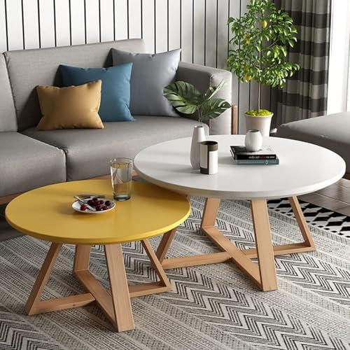 Stapelbare Couchtische – Runde Kleine Tische, Set Mit 2 Beistelltischen Für Wohnzimmer, Moderne Und Minimalistische Stapelbare Beistelltische, Schlafzimmer, Balkon(Size:70cm+50cm(Set),Color:Weiß+gelb)