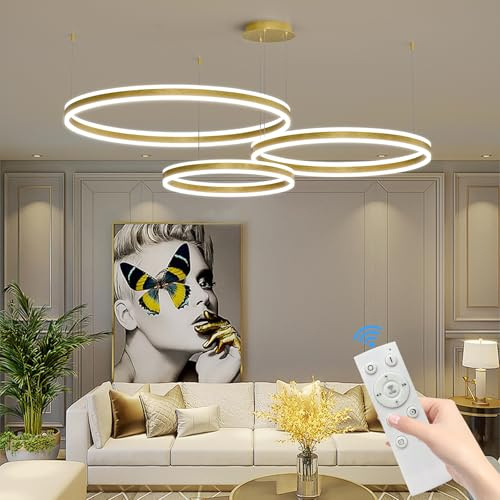 Mikeru Pendelleuchte 3 Ringe, Gold Wohnzimmerlampe Runde Pendellampe ø40+60+80cm Dimmbarer Kreisförmige LED Hängelampe Oben Und Unten Leuchtend Mit Memory-Funktion 10%-100% Für Esszimmer