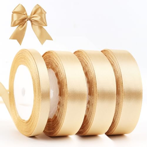 4 Rollen Geschenkband zur Dekor,Schleifenband Gold,Satinband Geschenk Verpackung,Geschenkband für Valentinstag Kindertag Heimwerkerkunst,Schleifenband on Kuchen Geschenken(3*22 m×2 cm,1*22 m×1 cm)