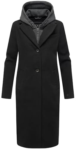 Navahoo Damen Mantel in Woll-Optik langer Trenchcoat leicht oversized mit (abnehmbarem) Kapuzen-Einsatz aus Sweat-Material Kekstraum 14 Black Gr. XL