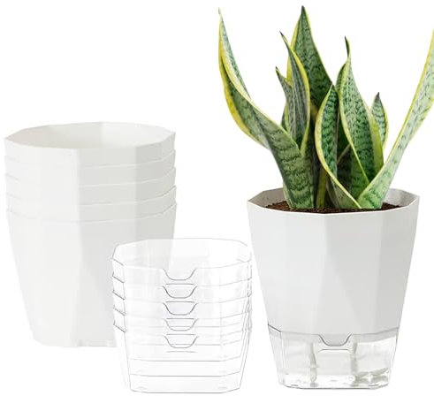 UMLIPOT 6 Stück Selbstbewässerungstopf, Plant Pot Blumentopf Set, Kräutertopf, Mit Selbstbewässerung Und Wasserspeicher, Für Zimmerpflanzen, Blumen Und Kräuter, Weiß