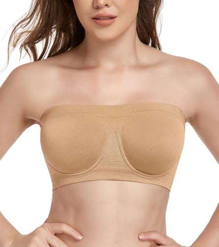 Lemorosy Women's Non Padded Underwire Strapless Bra Multiway Bandeau Tube Top Bralette(Beige,XL)