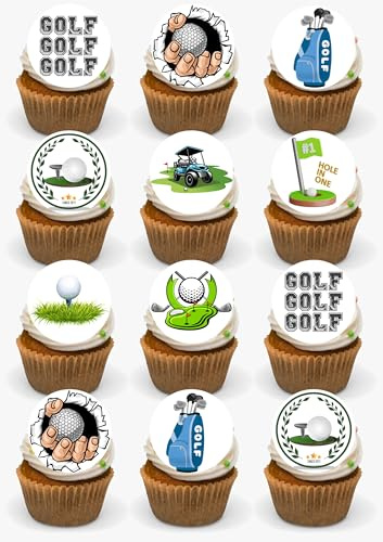 Golf Precut 24 Edible Stand up Premium Wafer Card Cupcake Toppers Cake Decorations Happy Birthday Party Sport