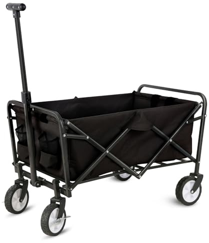 Faltbarer Bollerwagen schwarz, 75 x 46 cm, 300D Oxford Stoff | Gummiräder, Belastbarkeit 80 Kg, Teleskopgriff, Zusammenklappbar