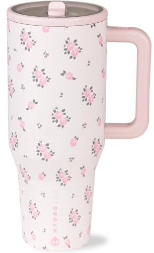 HydroJug Traveler - 40 oz Water Bottle with Handle & Flip Straw - Fits in Cup Holder, Leak Resistant Tumbler-Reusable Insulated Stainless Steel & Rubber Base - Gifts for Women & Men, Wildrose
