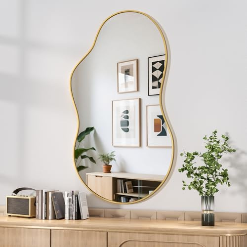 Hasipu Unregelmäßiger Wandspiegel Asymmetrischer Spiegel, 66 x 116 cm Dekorativer Spiegel für Schlafzimmer Badezimmer Wohnzimmer Eingangsbereich, Moderne Wanddekoration, Gold Rahmen