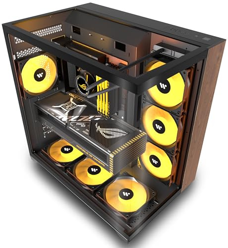 KEDIERS PC CASE ATX 6 PWM ARGB ventilateurs pré-installés, boîtier d'ordinateur de tour moyen avec verre trempé Full-View, Type-C, panneaux en bois de noyer imprimés, prend en charge le radiateur de