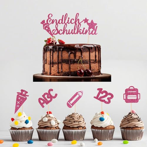 Tortendeko Einschulung 2025, 11er Set Cake Topper Endlich Schulkind, ABC 123, Zuckertüten - Mädchen & Junge - Ideal für Schulanfang & Geschenke-School Cake Decoration Set (Rosa)