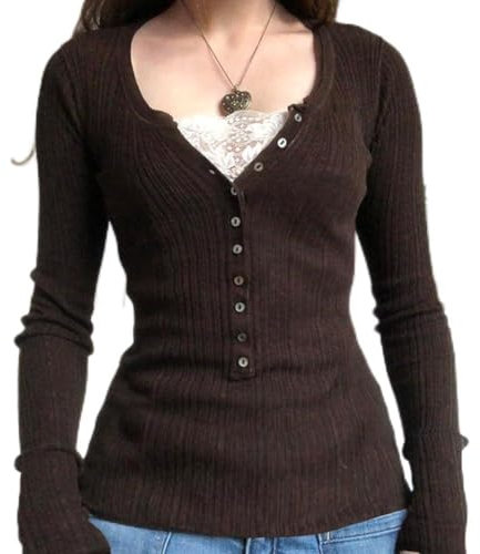 MeevrgR Womens Trendy Long Sleeve Knit Top with Beautifully Crafted Lace Details (S Brown)
