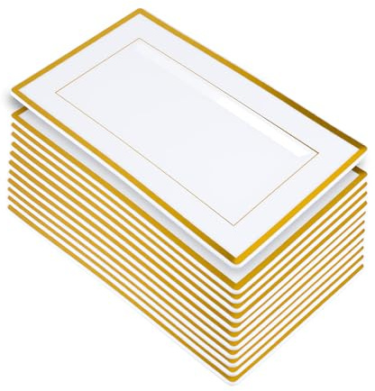 UNGFEI 12 Pcs Gold Rimmed Plastic Serving Plates Set - 33 x 20 cm Rectangle Reusable Party Food Trays for Weddings, Birthdays & Christmas Buffets