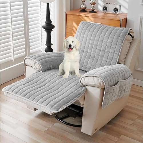 Recliner Chair Cover Sofa Armrest: Armchair Covers with Pockets and Elastic Strap Washable Furniture Protector Headrest Cover Plush Non Slip for Kids Pets (Grey with pockets)