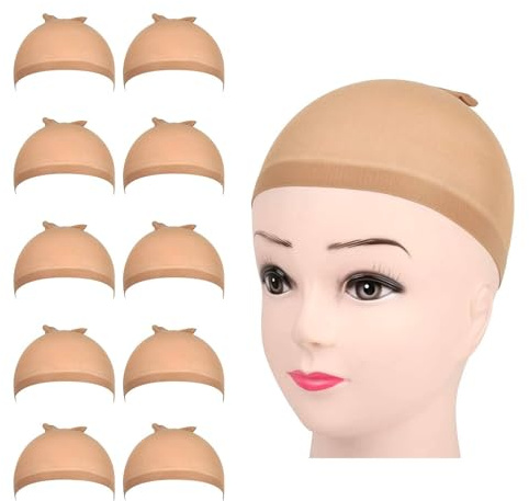 Henyall 10pcs Wig Caps,Ultra-thin Breathable Stretchy Nylon Stocking,Wig Cap with Elastics Bands,Hair Net to Hold Wig in Place,Breathable Wíg Net Cáp for Women and Men (Skin Colour)