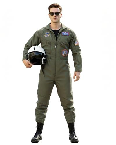 CoolChange Kampfpiloten Kostüm „Maverick“ – Fliegerkombi in Olivgrün mit Patches | Karneval, Halloween, Fasching | Größen S – XXL