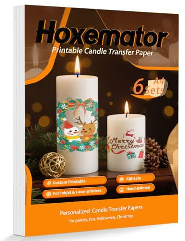 Hoxemator Pellicola di Trasferimento per Candele A4 (6 Fogli) Carta di Trasferimento per Candele per Laser/Stampanti a Getto d'inchiostro Tatuaggi per Candele per Natale, Matrimoni, Battesimi