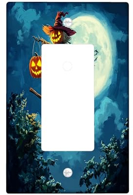 Halloween Scarecrows Decorative Light Switch Cover Plate 1 Gang Single Rocker, Funny Witch Broom Pumpkins Electrical Faceplate for Kitchen Bathroom, Fun Switchcover Decor