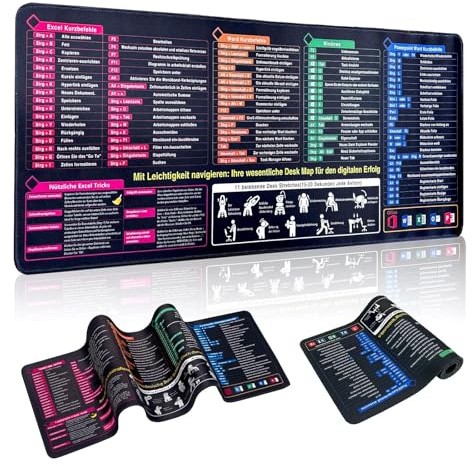 KAIYAYA 1 Stück Gaming Mauspad, Schreibtisch Unterlage Deutsch 80x30 cm, Rutschfeste Schreibtischunterlage mit Kurzbefehlen & Tastaturkürzeln für Büro und Homeoffice
