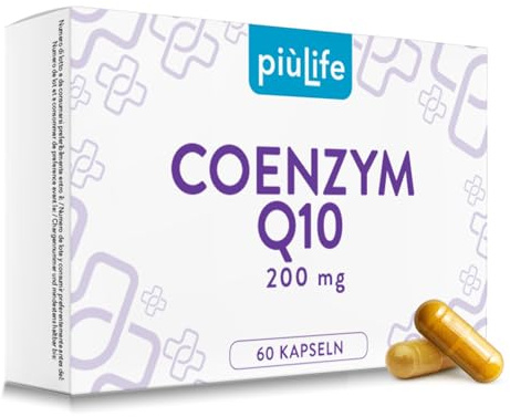 Q10 Kapseln Hochdosiert 200mg PiùLife – 1× täglich – Aus natürlicher Fermentation gewonnen – CoQ10 Q 10 aus Ubiquinon – Vegan, Laktose- & Glutenfrei – 60 Kapseln Coenzym q10