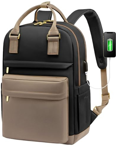 Cymwer 16 tums bärbar datorryggsäck stor nylon skolväska med laddning USB-port ryggsäckar för kvinnor damer vardaglig högskola, Khaki, 17.32 x 11.81 x 7.09 (inch)