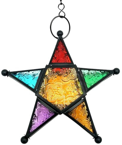 Marokkanische Sternlaterne – 19 x 19 x 6 cm, buntes Glas, Glanz, Vintage-Aura, Eisenrahmen, Struktur, formend, auffälliger Anhänger, warmes, leuchtendes Aussehen, verstärkender festlicher Charme