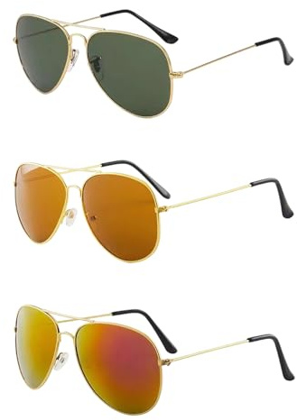 Yuwnd Pilotenbrille Damen, 3 Pilotenbrillen Set mit Goldrahmen, Roter, Brauner und Grüner Gläser, Fliegerbrille für Damen und Herren, Stilvolle Pilot Sonnenbrille für Outdoor, Reisen und Mode