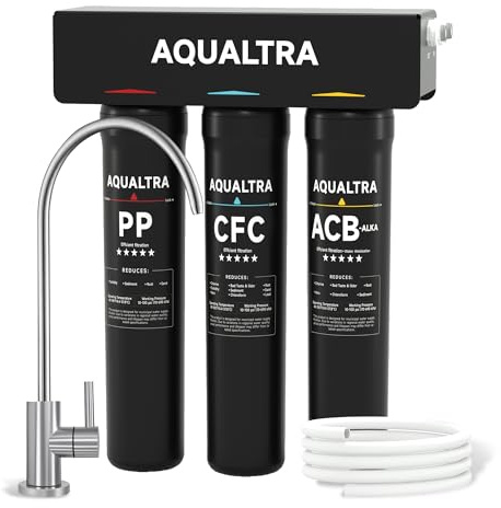 AQUALTRA USF-3F-15 Slightly Alkaline Under Sink Water Filter with Faucet, SGS Certified, Reduce PFOA, PFOS, Chlorine, Lead, Mercury, Chloramine, Fluoride, Microplastics Particles, Bad Taste & Odor