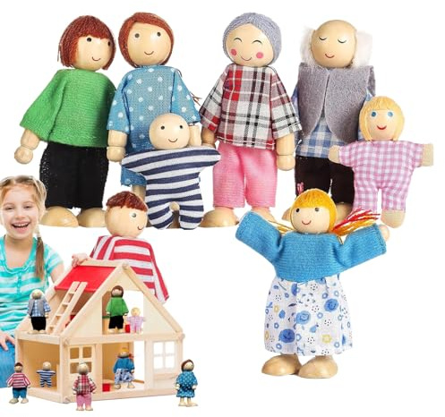 Dockhus Människor - Familjefigurer i trä 8 stycken, 11 cm, interaktiva simuleringsspelsdockor, poserbara | För småbarn, pojkar, flickor, skola,