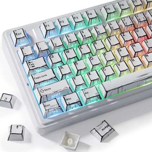 PBT German Keycaps, 133 Keys Manga White Keycap, Retro Style Side Printed Shine Through Dye Sub Keycap for Cherry MX Switch ISO QWERTZ Layout Mechanical Keyboards