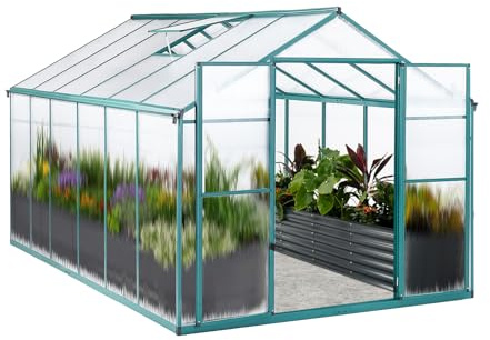 Euboer Gewächshaus Aluminium mit Fundament 361x238cm - 8,59m² Tomatenhaus winterfestes Gewächshaus in Grau - stabiles Gartengewächshaus für Balkon & Garten (Grün, 361*238*210cm)
