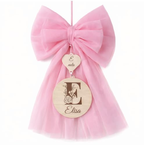 Generico Fiocco Nascita Personalizzato con Nome inciso su Legno – Artigianale Made in Italy – Fiocco Porta Ospedale/Cameretta (Rosa Iniziale)