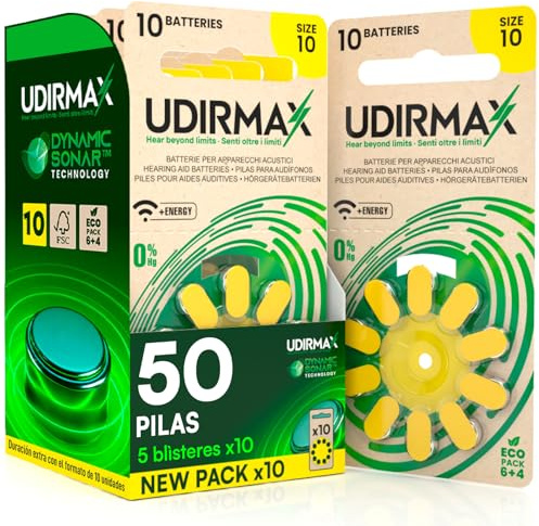 50 Batterien für Hörgeräte Größe 10 PR70 Udirmax Gelb mit Dynamic Sonar Technologie Zink-Luft Öko-Pack - 5 umweltfreundliche Blisterpackungen mit 10 Hörgerätebatterien