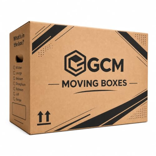 GCM - Large Strong Cardboard Moving Boxes with 47 Litres Carry Handles, 52cm x 30cm x 30cm, Heavy Duty Packing Boxes for Moving House and Storage, Large Removal Boxes (5 Pack)