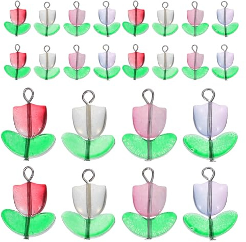 WRITWAA 100pcs Tulip Shaped Glass Beads with Hook Design for Easy DIY Crafts, Colourful Floral Spacer Charms for Bracelets and Craft Jewellery Making