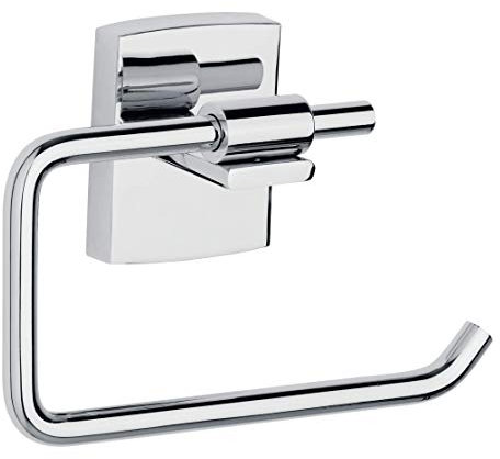 tesa KLAAM Toilettenpapierhalter, verchromt - WC-Rollenhalter zur Wandbefestigung ohne Bohren, inkl. Klebelösung - 142mm x 95mm x 47mm